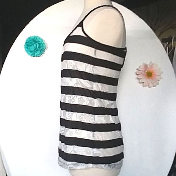 Tank Top Semi Sheer Burn Out Floral Pattern Black White Stripe Nautical Y2K M - Picture 8 of 11